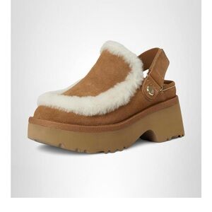 UGG Tan Suede Clogs with White Fur Trim